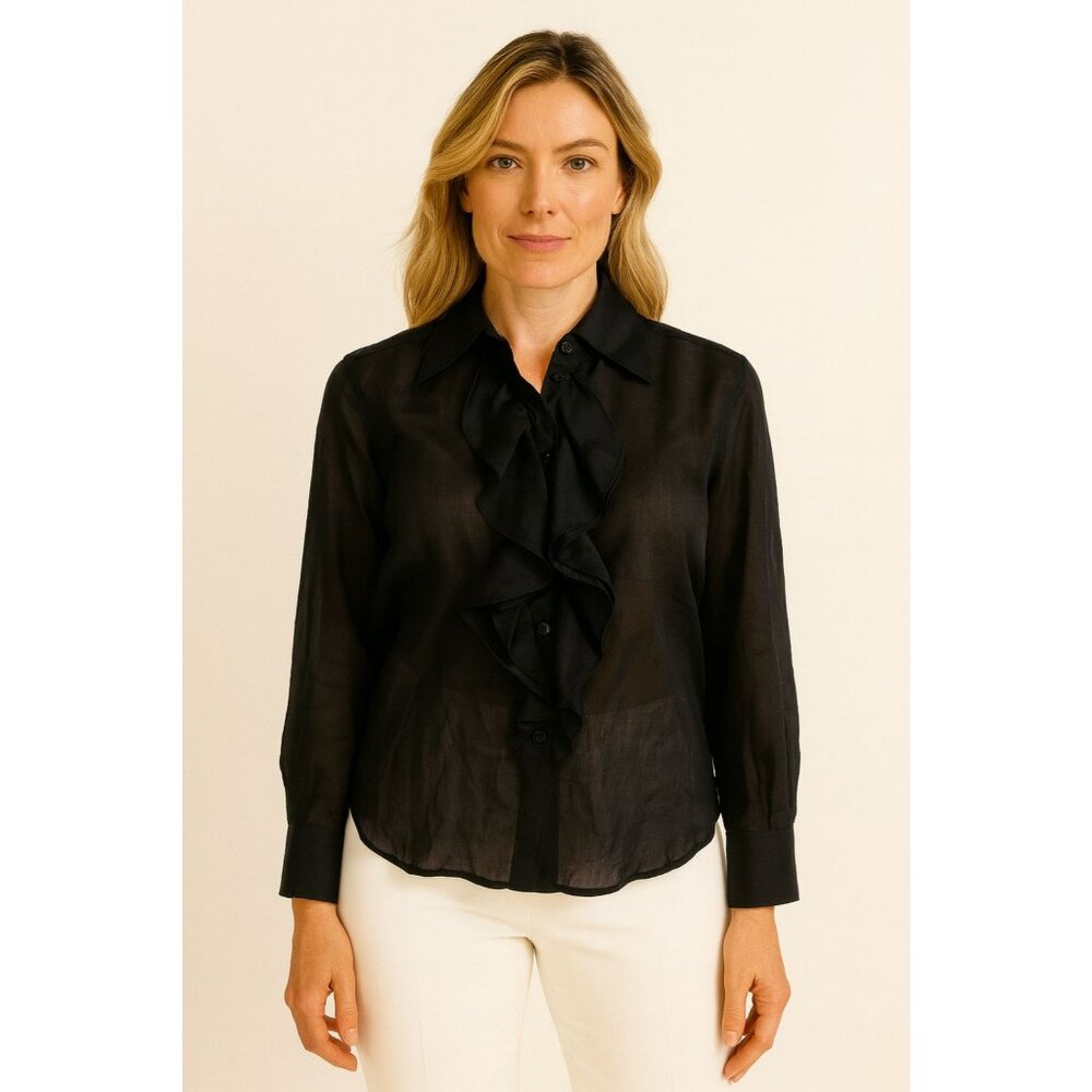 Anne Fontaine Black Cotton Blend Ruffle Front Blouse Sz 38